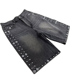 Shorts en jean à strass pour homme, taille haute, coupe ample, effet délavé soleil, style streetwear, longueur genou, été - Product Image 4