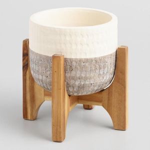 Metal Flower <b>Pot</b> with Geometric Pattern Glazed Finish on Wooden Stand for Indoor Plants Bohemian Modern Style - Product Image 3
