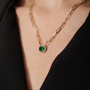 Simple Latest Design Oval Shape <b>Emerald</b> & Round Cut Diamond Stackable Paperclip Chain Cluster <b>Pendant</b> Necklace 14K Yellow Gold - Product Image 4