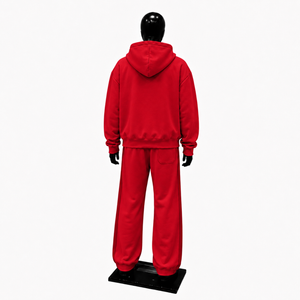 Survêtement unisexe rouge à capuche, fermeture éclair intégrale, couleur unie, coton, vêtements décontractés, saison d'automne, coupe régulière avec poches latérales, course à pied, entraînement - Product Image 2