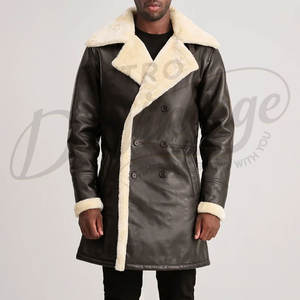 Manteau en cuir véritable marron foncé pour homme, doublure en fausse fourrure, chaud pour l'hiver, long, à double boutonnage, en cuir - Product Image 3