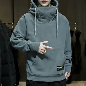Thick Fleece Solid Loose Fit <b>Mens</b> Autumn Winter High Neck Hooded Windproof Hip Hop Hoodie Pocket Eco Friendly Breathable - Product Image 2