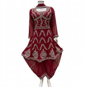 Conjunto FAMUCAAS rojo/borgoña estilo afgano con Kurti/Frock y pantalón Salwar, con bordado a mano en georgette, ideal para bodas y fiestas. - Product Image 1