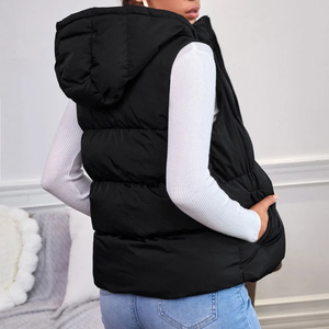 Gilet matelassé noir à capuche sans manches pour femme, avec fermeture éclair, vêtement d'extérieur d'hiver, couleur unie - Product Image 5