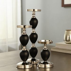 Lot de 3 bougeoirs en aluminium argenté et noir, style contemporain, en forme de pilier, support de bougie en métal, trio moderne pour table - Product Image 2