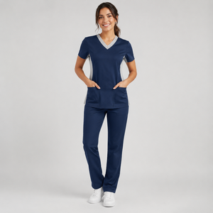 Blouse médicale personnalisée pour femme, bleu marine, col en V, manches courtes, extensible, uniforme d'infirmière d'hôpital avec poches, vente en gros OEM, denim - Product Image 3