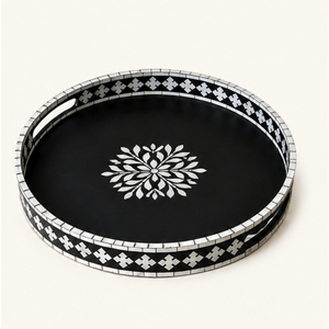 Plateau de service rond noir moderne en nacre incrustée de motifs floraux, plateau décoratif pour table basse, vente en gros - Product Image 4