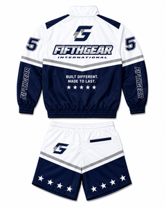 ชุดวอร์มกีฬาผู้ชายแบบมีฮู้ด รุ่น CUSTOM แจ็คเก็ตและกางเกงขาสั้น สีน้ำเงินขาว ลายพิมพ์บล็อกสี ระบายอากาศได้ดี เหมาะสำหรับฤดูใบไม้ผลิ รับผลิตแบบ OEM จำนวนมาก - Product Image 2