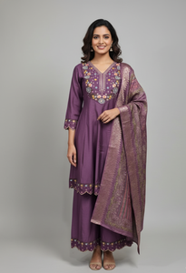 Meilleure collection de kurtis pour femmes en violet, ensemble en coton et soie à manches 3/4, entièrement cousu pour les occasions régulières et festives - Product Image 2