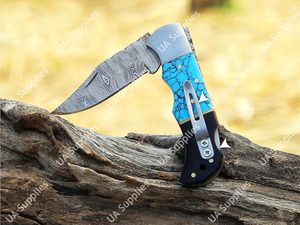 Custom Made OEM ODM Support Damascus Steel Folding Pocket <b>Knife</b> Turquoise Gemstone Handle Drop Point Industrial Grade 7.5 <b>Knife</b> - Product Image 3