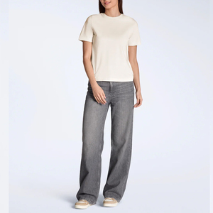 T-shirt pour femme en coton 100% crème, col rond, coupe classique, manches courtes, style minimaliste uni, respirant, tissu jersey, toutes saisons - Product Image 6