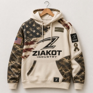 Sweat-shirt à capuche blanc personnalisé avec drapeau américain vintage et motif camouflage, idéal pour le sport, en gros directement de l'industrie – Hommage au service militaire - Product Image 1