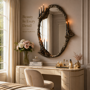 Luxury Gothic Candle Wall Mirror Artistic Textured <b>Metal</b> <b>Frame</b> | Decorative Accent Mirror with Candle Holders for Home Decor - Product Image 2