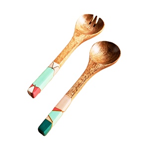 Ensemble de 2 serveurs à salade en bois personnalisés en résine écologique, compatibles lave-vaisselle, ustensiles de cuisine pour la maison, fabriqués en Inde - Product Image 1