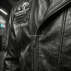 Chaqueta de Cuero Genuino Personalizada para Mujer, Estilo Motero, con Estampado Gráfico Midnight Racing Club, Rebel Holiday Division, Proveedor de Ropa Exterior Punk, ODM OEM - Product Image 5