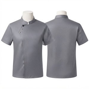 Unisex Chef <b>Jacket</b> Premium Cotton Polyester Twill 200 GSM <b>White</b> <b>Short</b> Sleeve Stand Collar Black Trim Custom Logo Silk Screen - Product Image 1