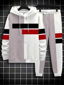Ensemble survêtement homme blanc, gris, noir et rouge à motifs géométriques, pull à capuche et pantalon assorti, vente en gros OEM ODM - Product Image 5