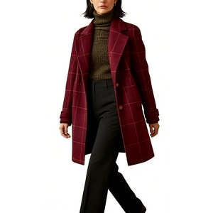 Manteau en laine gris à carreaux pour femme, double boutonnage, col à revers, longueur midi - Product Image 5