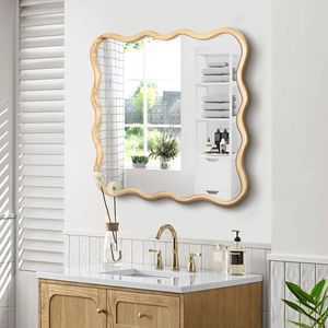 Legno naturale 36 \ "X 36 \" moderna parete quadrata ondulata specchio in legno massello arredamento per bagno soggiorno sala da pranzo guardaroba ingresso - Product Image 2
