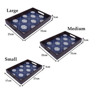Ensemble de 3 plateaux de service en bois laqués imperméables avec motif floral bleu, plateau de service décoratif pour le petit-déjeuner, le thé et le café - Product Image 6