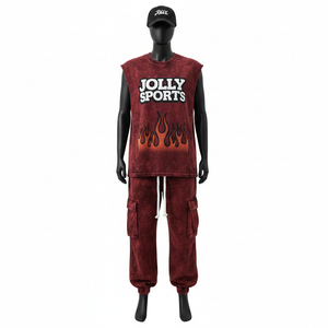 <b>Women</b> Sleeveless Two Piece Set Soft Cotton Jersey Acid Wash Fabric 220 GSM Shirt 280 GSM <b>Cargo</b> Jogger <b>Women's</b> Sets - Product Image 6