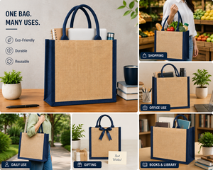 Jute Shopping <b>Bag</b> Medium <b>Navy</b> Blue Handles Grocery Tote Hand Length Handle - Product Image 5