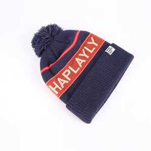 Factory Direct Beanie Hat Navy Blue with <b>Red</b> Stripe and Pom Pom Unisex Jacquard Knit Winter Cap Casual Style 56-58CM - Product Image 1