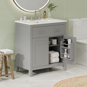 Mobile bagno singolo moderno grigio da 76 cm con lavabo in ceramica, 2 ante soft-close e un ripiano - Product Image 3