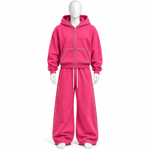 Conjunto Deportivo Rosa con Capucha para Mujer, Sudadera con Cierre y Pantalones Anchos con Pedrería, Dos Piezas - Product Image 1