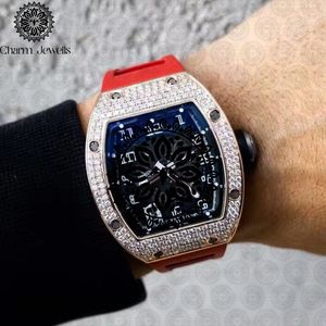 Charm Jewells Luxury Men's Stainless Steel Watch 40mm Case Diamond Encrusted <b>Red</b> Rubber Band Mechanical Movement 10 Bar Water - Product Image 4