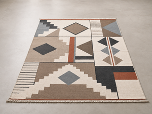 Alfombra Geométrica Abstracta de Lana Color Marfil Taupe, Moderna, con Diseño de Diamantes en Patchwork, Antideslizante, Ecológica, con Detalles en Color Carbón y Óxido - Product Image 2