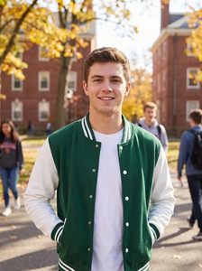 Veste universitaire pour homme, verte et blanche, décontractée, en coton et polyester, col montant, boutonnée, personnalisable, style Letterman - Product Image 5