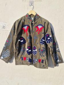 Veste élégante en velours kaki brodée de motifs de crânes et de fantômes, style Suzani, à manches longues, col montant, style bohème, pour femme, vêtement d'extérieur d'hiver - Product Image 6