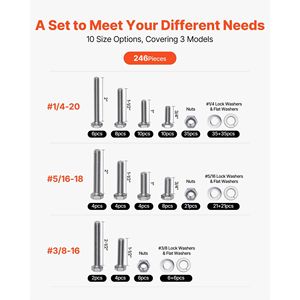 Kit de Surtido de Tornillos Imperiales de 246 Piezas, Acero Inoxidable 1/4-20, 5/16-18, 3/8-16, Juego de Herramientas con Arandelas de Resorte, Pernos y Tuercas - Product Image 2