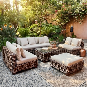 Outdoor <b>Rattan</b> Woven <b>Sofa</b> Set Mahogany Wood White Wash <b>Rattan</b> Furniture Glass Table Lounge Chair Ottoman Setup Art Design - Product Image 3