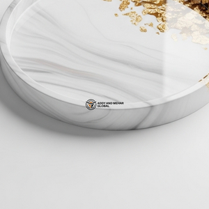 Plateau élégant en résine blanche et dorée |   Plateau de service décoratif effet marbre - Product Image 4