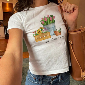 Custom Printed Summer Beach Shell, Flower, Juice Print T-shirt, Women Aesthetic Graphic <b>Crop</b> <b>Top</b>, Custom Clothing Factory - Product Image 5