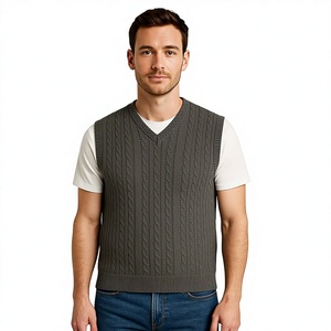 Gilet pull sans manches en maille torsadée col en V pour homme, coupe ajustée, style décontracté preppy, chaud, gris - Product Image 1