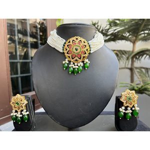 Green Gold Alloy Choker <b>Set</b> With Pearl And Emerald Drops For Women Bridal Wedding Ethnic Jewelry - Product Image 1