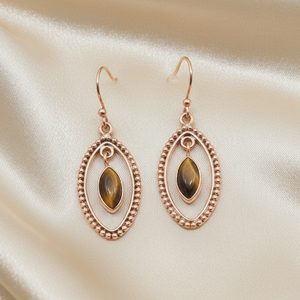 Boucles d'oreilles pendantes faites à la main en argent sterling 925 avec pierre naturelle œil de tigre, cadre ovale perlé, bijoux bohèmes tendance, cadeau pour femme - Product Image 2