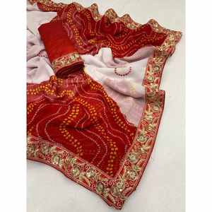 DISEÑADOR GEORGETTE CODIFICACIÓN SECUENCIA TRABAJO SAREE CON BLUSA SIN COSTURA BLANCO Y ROJO - Product Image 1