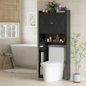 Mobiletto da bagno in stile rustico da posizionare sopra il WC, nero, con ante scorrevoli regolabili e ripiani - Product Image 2