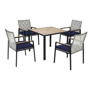 Set da Pranzo da Esterno in Legno di Acacia a 5 Pezzi per Tutte le Stagioni con Foro per Ombrellone, Mobili da Conversazione in Rattan per Bistrot - Product Image 5