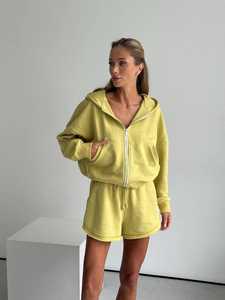 Ladies Solid Zip up Crop <b>Jacket</b> Drawstring Shorts Matching Set Loose Fit Soft Breathable for Wear Casual Sports Outfit - Product Image 2