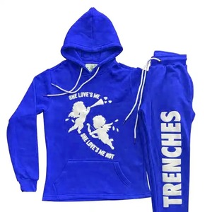 Ensemble de survêtement unisexe bleu, sweat-shirt à capuche à manches longues imprimé en coton et pantalon avec poches latérales, style décontracté, vêtements de printemps - Product Image 1