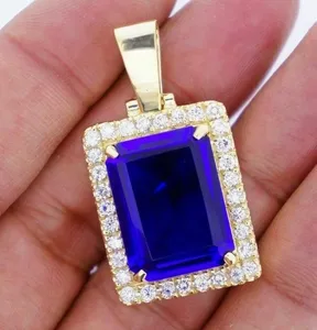 4.00 Ct Emerald Cut Simulated Blue Sapphire Halo Pendant 14K Yellow Gold Plated - Product Image 1