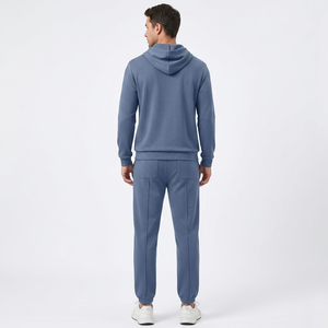 Conjunto Deportivo Azul Sólido con Capucha para Hombre, Ropa Casual de Longitud Completa, 100% Algodón Transpirable, Corte Regular con Bolsillos Laterales, Estilo Otoñal - Product Image 2