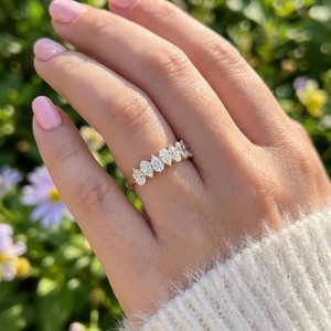Bague demi-éternité en or rose massif 10K 14K 18K avec diamant taille poire, bague de mode pour femme, diamant naturel de laboratoire certifié IGI pour fiançailles - Product Image 5