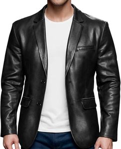 Men's Black Genuine Leather <b>Blazer</b> Slim Fit Turn-down Collar Single Button <b>Smart</b> Casual Jacket Autumn Wear - Product Image 2