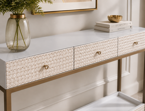 Mesa Consola Moderna Blanca con 3 Cajones, Mesa de Entrada para Sofá, Mueble de Almacenamiento Tejido para Pasillo y Sala de Estar - Product Image 3